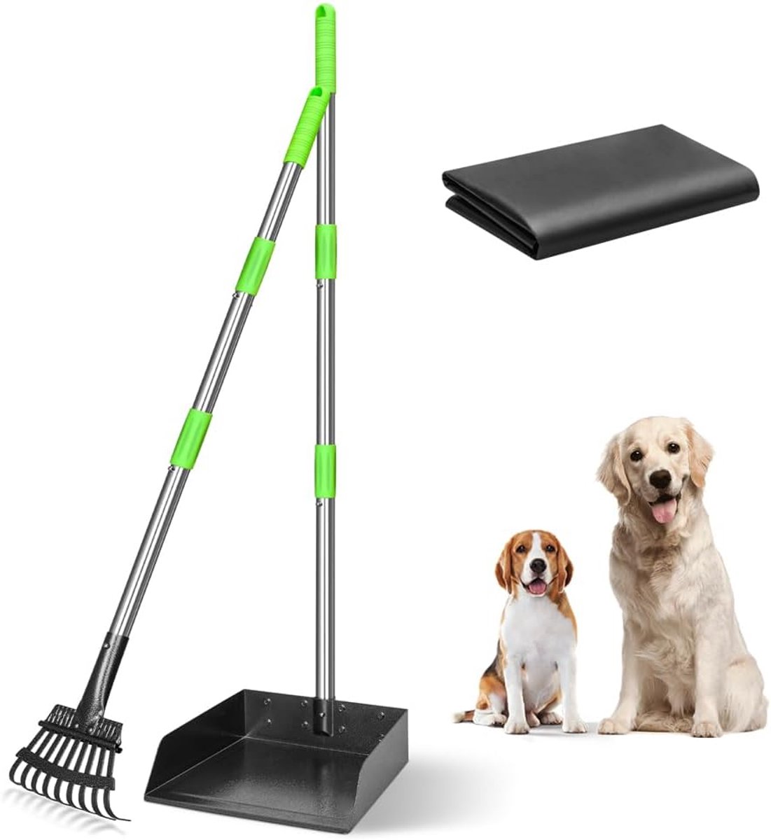 Hondenpoepschep - Schep & Hark - Hondenuitlaten - Lange steel roestvrijstaal - Extra groot - Groen