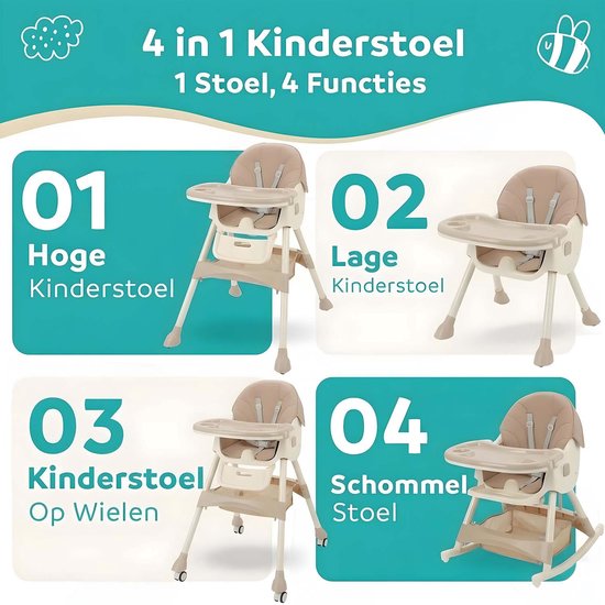 ComfyKidz® Inklapbare 4 in 1 Kinderstoel met Schommelfunctie - Met Voetensteun - Meegroeistoel met Opbergmand - 6 Maanden tot 5 Jaar - Peuterstoel - Baby Eetstoel met Wieltjes - Roze — afbeelding 2