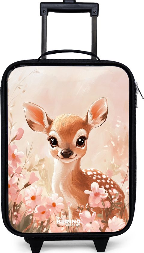 Kinderkoffer met een schattig hertje in bloemen, lichtroze tinten.