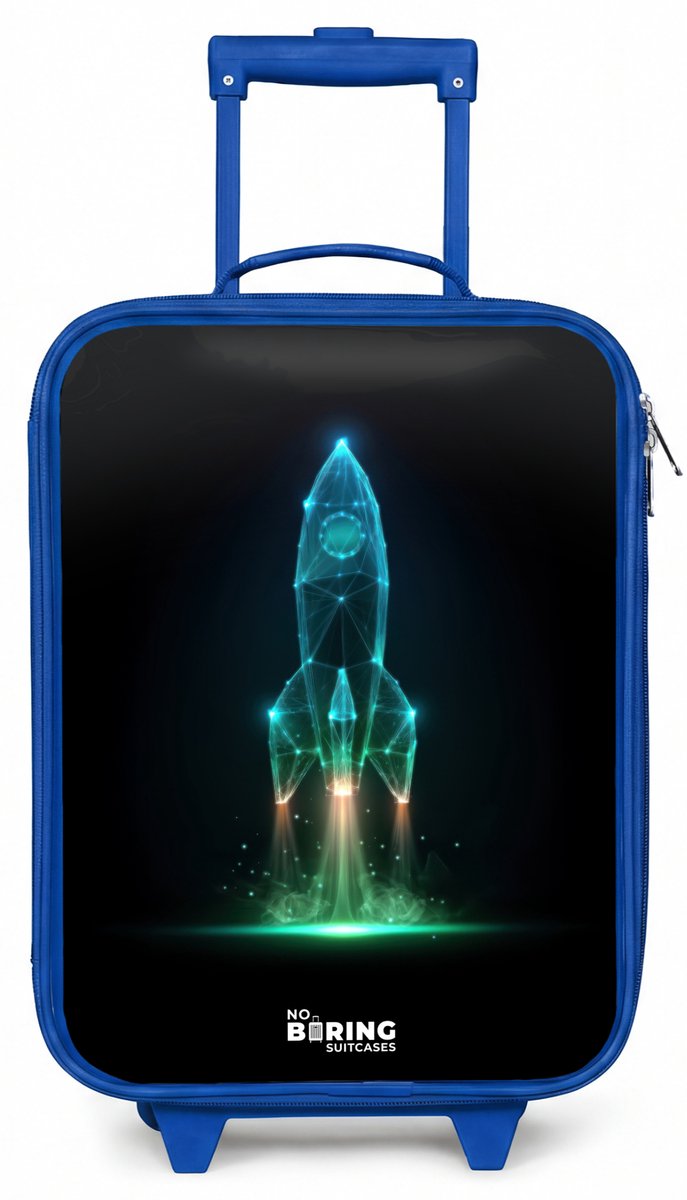 NoBoringSuitcases.com® - Kinderkoffer blauw - Kindertrolley jongen - Lancerende raket in neonstijl - Koffer kind lichtgewicht - Reiskoffer trolley voor kinderen - Koffertje met lichtgevende wieltjes - Rolkoffer