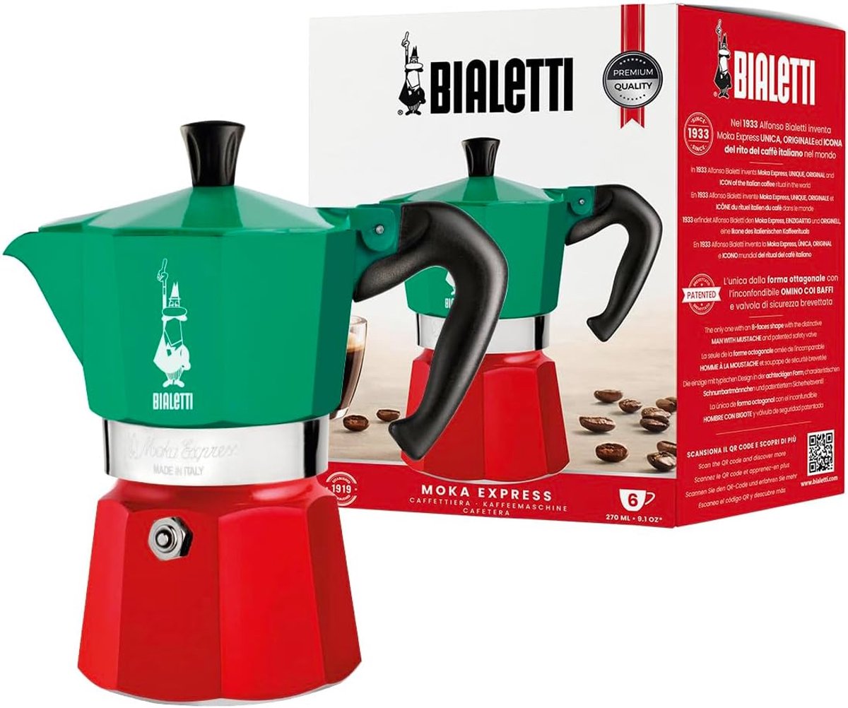 Espressomaker Kookplaat - Mokkapot Percolator - Italiaanse Koffie - Iconisch Art Deco Design - 6 Koppen - Groen Zilver Rood