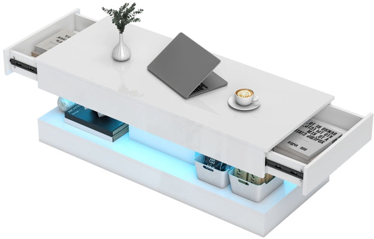 Merax Salontafel met LED en Lades 120x50x42 cm – Hoogglans Witte Koffietafel met Opbergruimte en Open Vak – Moderne Woonkamertafel