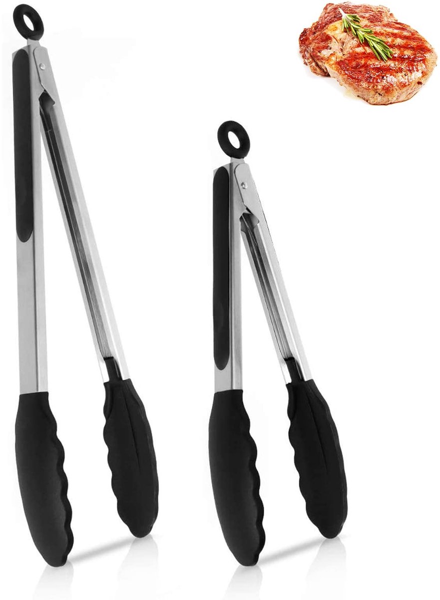 Allecto - Grilltangen - Set van 2 - Rvs en silicone - 22.8 cm en 30.5 cm - Keukenaccessoires - Geschikt voor barbecue - Zwart en zilver