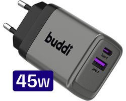 Buddi Power 45W Power Adapter | USB-C + USB-A Adapter | Fast Charge | Snellader voor Smartphone en Tablet | Compact en Efficiënt | GaN-technologie | Grijs