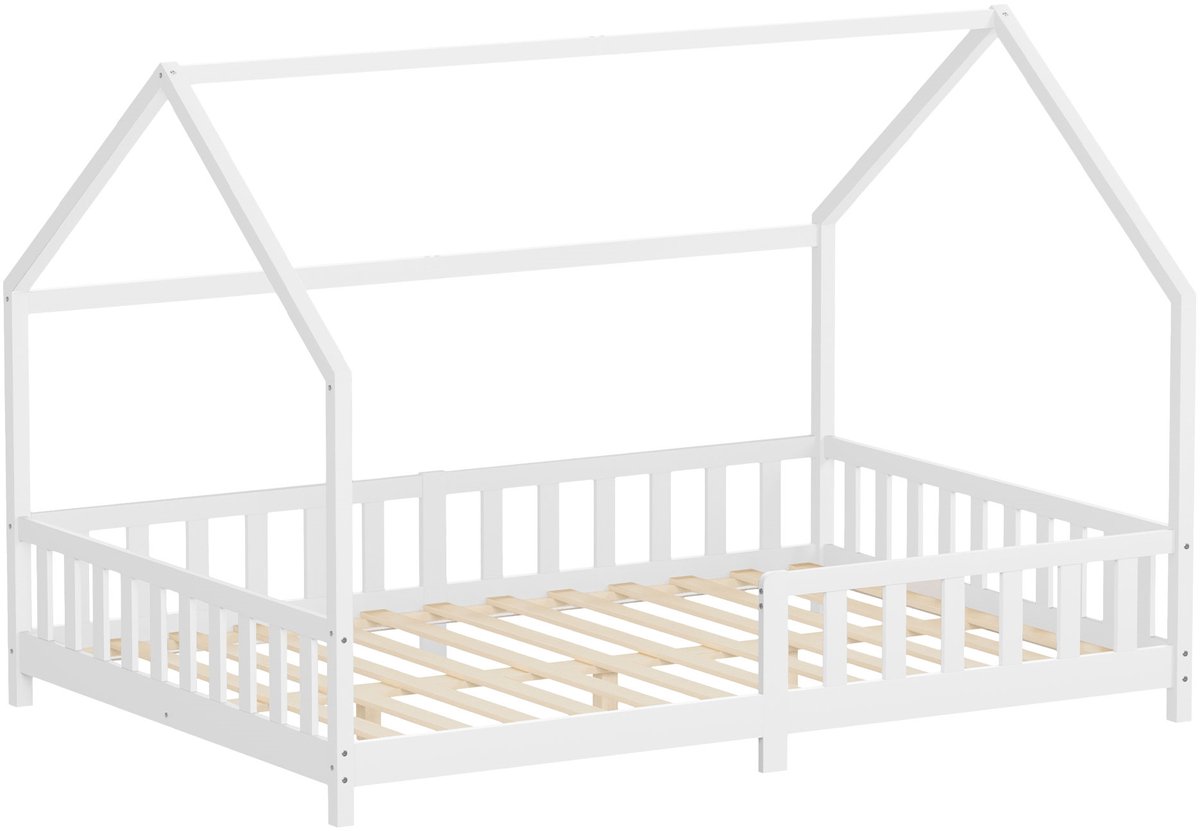 ml-design kinderbed montessori 140x200 cm met valbeveiliging houten huisbed voor meisjes en jongens massief grenenhout wit dak lattenbodem duurzaam jeugdbed peuterbed juniorbed veilig en laag kinderbed slaapplaats kinderkamer bedframe