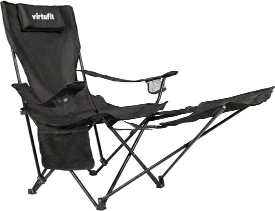VirtuFit Opvouwbare Camping Stoel met Voetsteun - Strandstoel - Zwart - Inclusief Draagtas, Bekerhouder en Opbergvak — afbeelding 5