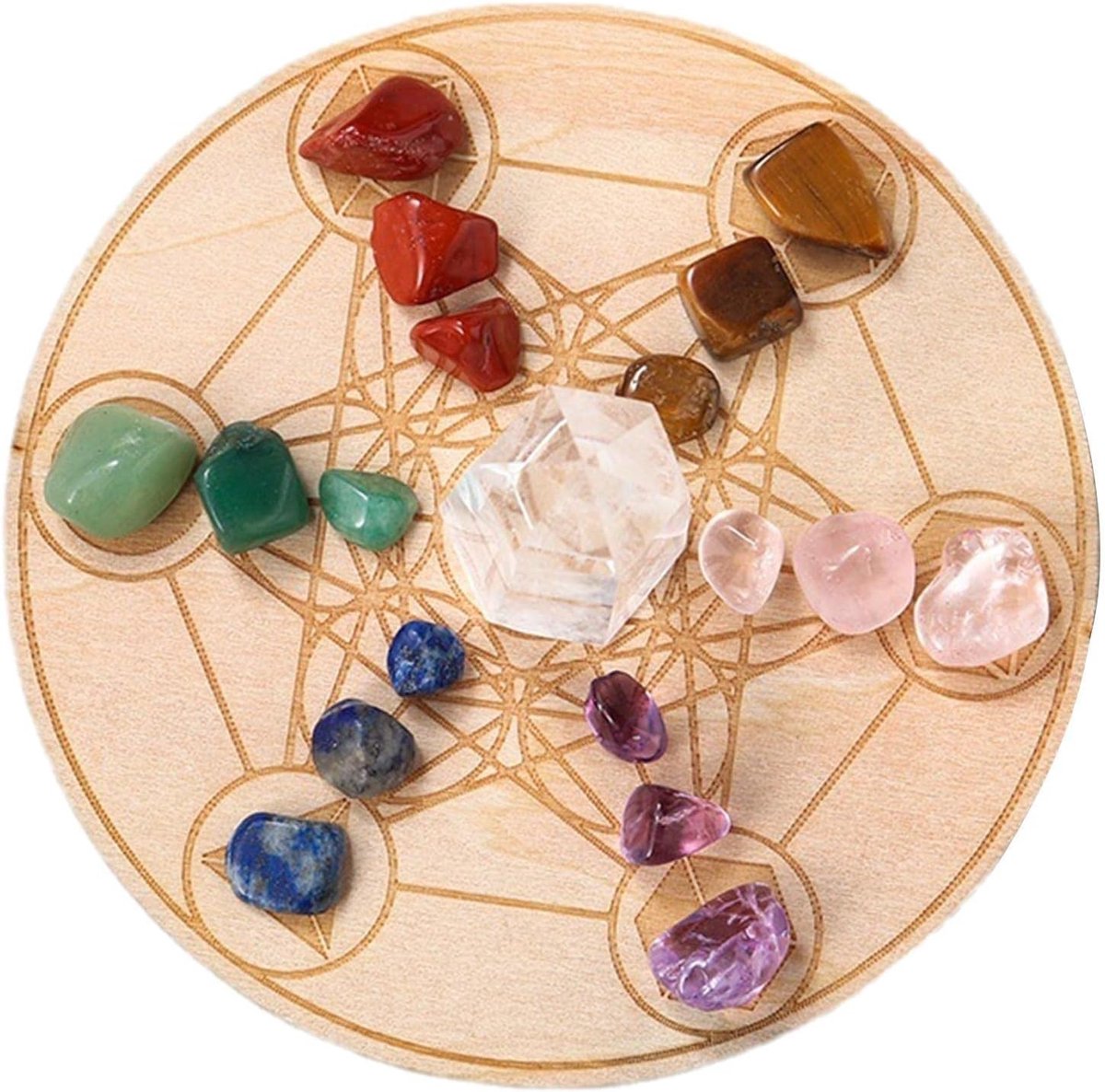 Kristallen Set - Helende Stenen - Meditatie Rituelen - Geometrie Rasterplaat - 13cm Houten Basis - Kleurrijk