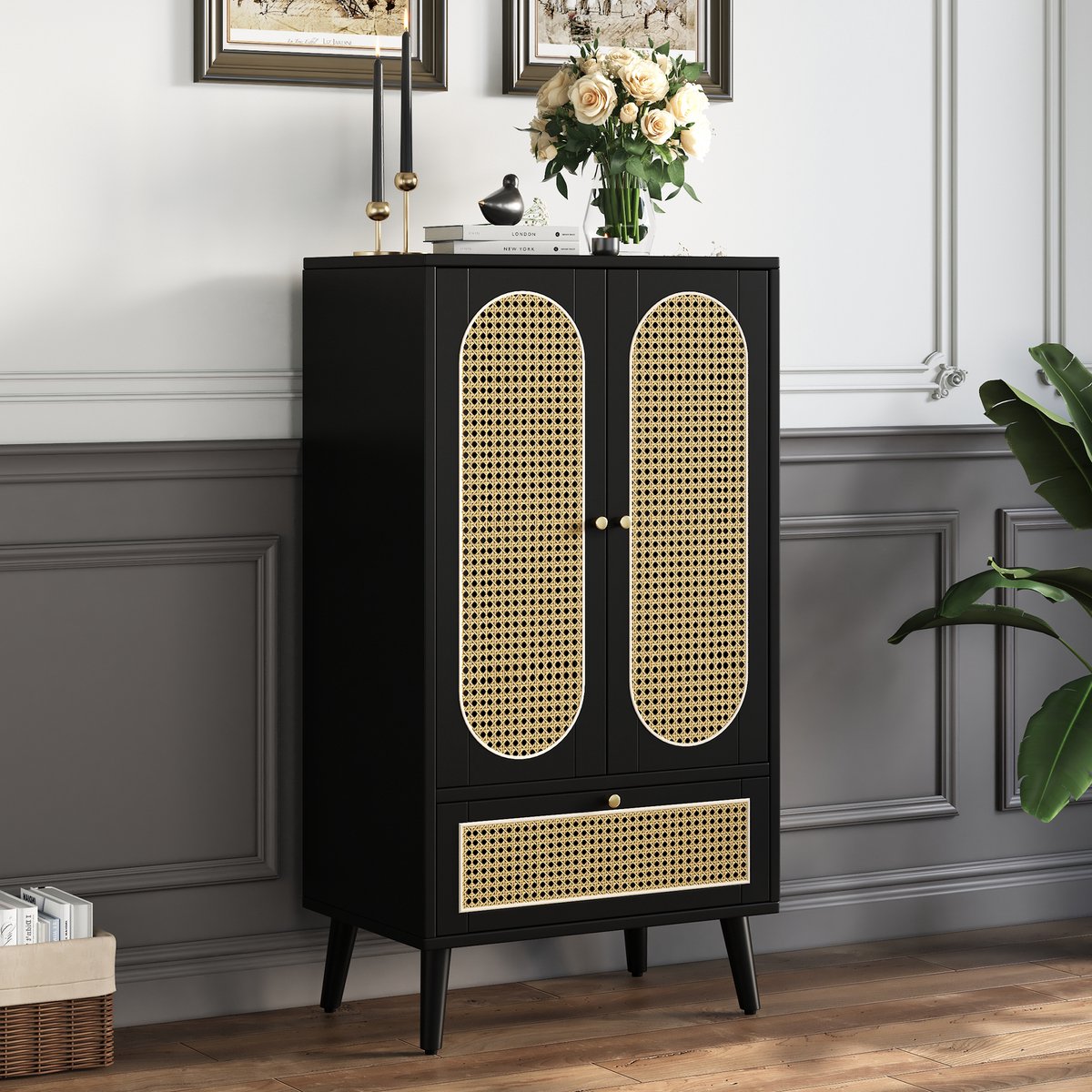 MODENUIT Dressoir - Rattan Front Met 2 Deuren En Lade - Woonkamer En Hal - Spaanplaat - 60x40x110,5 - Zwart