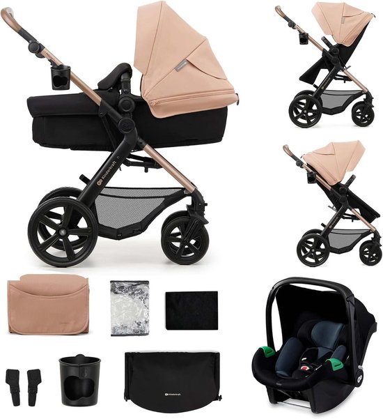 Nude roze kinderwagen met gouden frame, een reiswieg en autostoeltje. Diverse accessoires.