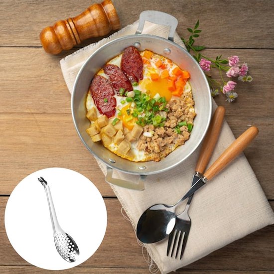 Kaviaar Lepel Set - Keuken Lepels - Eten Bereiden - Met Fijne Zeef - 17cm Lengte - Zilverkleurig — afbeelding 2