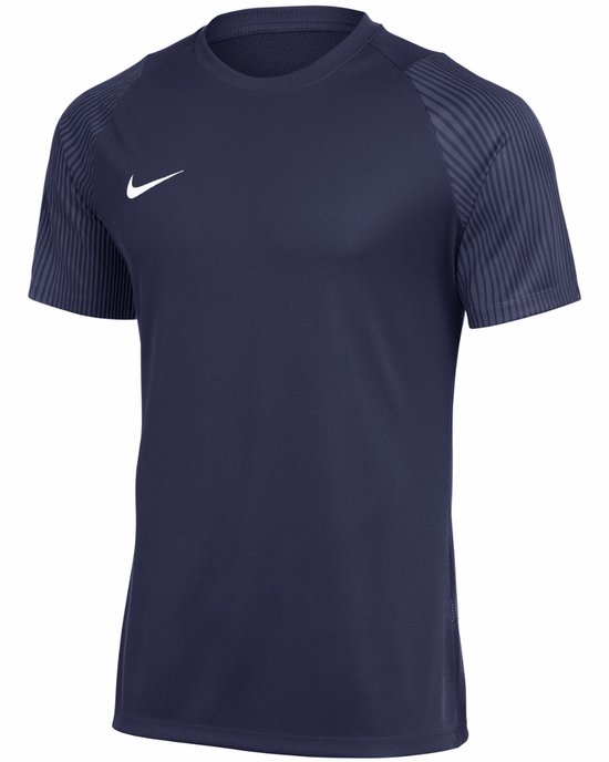 Donkerblauw Nike sportshirt voor heren, dri-fit, met gestreepte mouwen en Nike logo op de borst.
