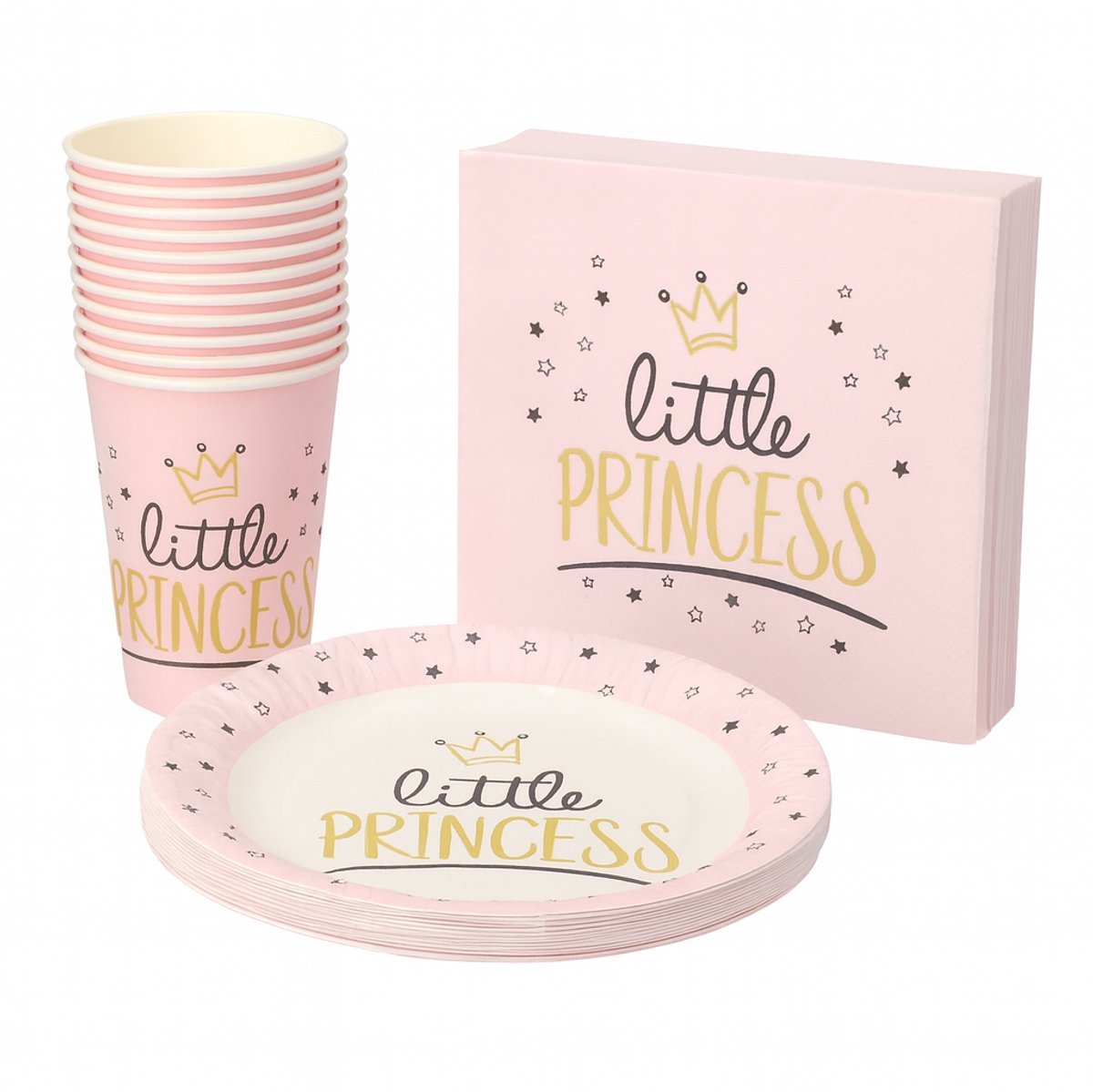 Wegwerp Servies Set Verjaardag "Little princess"- 20 personen- 20 x Borden 23cm Bekers 0,2 l Servetten 3-laags 33 cm x 33 cm feest Feestartikelen