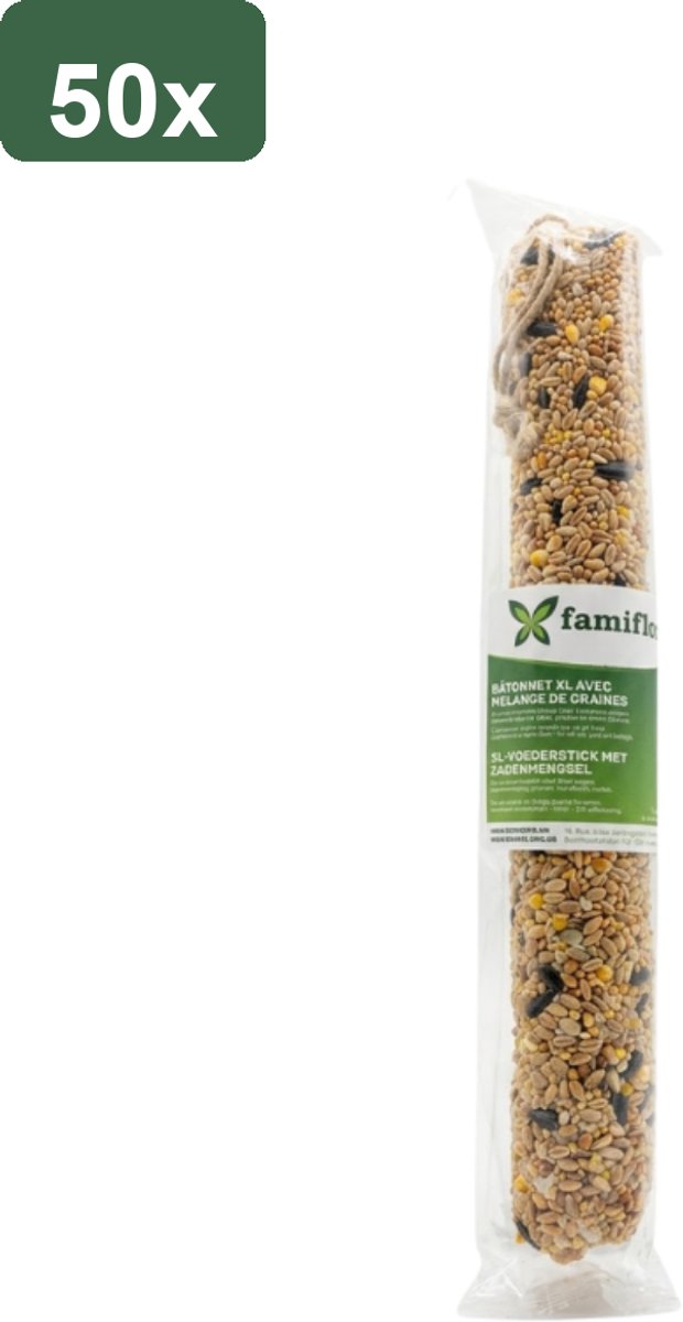 Famiflora XL-voederstick met zadenmengsel - 50 stuks (= 20KG) - 400 gram per stuk - Aanvullend diervoeder voor tuinvogels - Extra groot formaat (400g) - Composteerbare houten kern