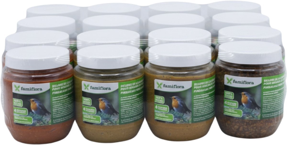 Famiflora vogelpindakaas startpakket - 4x Natural + 4x Meelwormen + 4x Bosvruchten + 4x Appel - Pindakaas voor vogels - Met bosvruchten voor een lekkere smaak die vogels aantrekt