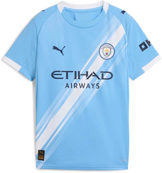 Lichtblauw Manchester City voetbalshirt met witte accenten, Puma logo en 'Etihad Airways' opdruk.