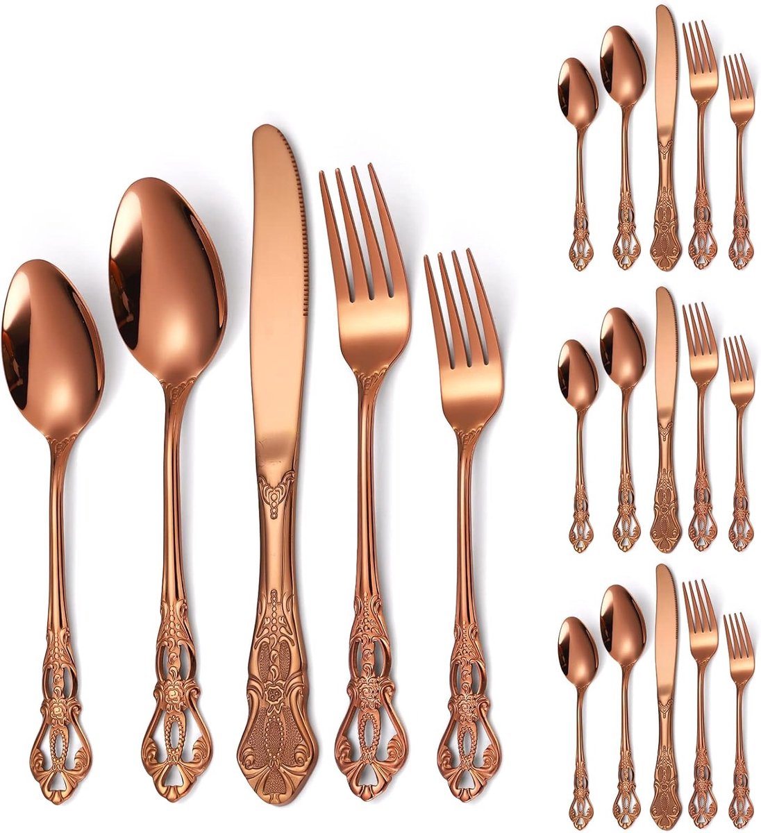 20-delige bestekset in koninklijke stijl - Set voor 4 personen, roségoudkleurig, roestvrij staal, retro antiek keukengerei met bloemmotief op het handvat, voor restaurants, thuis, festivals en feesten