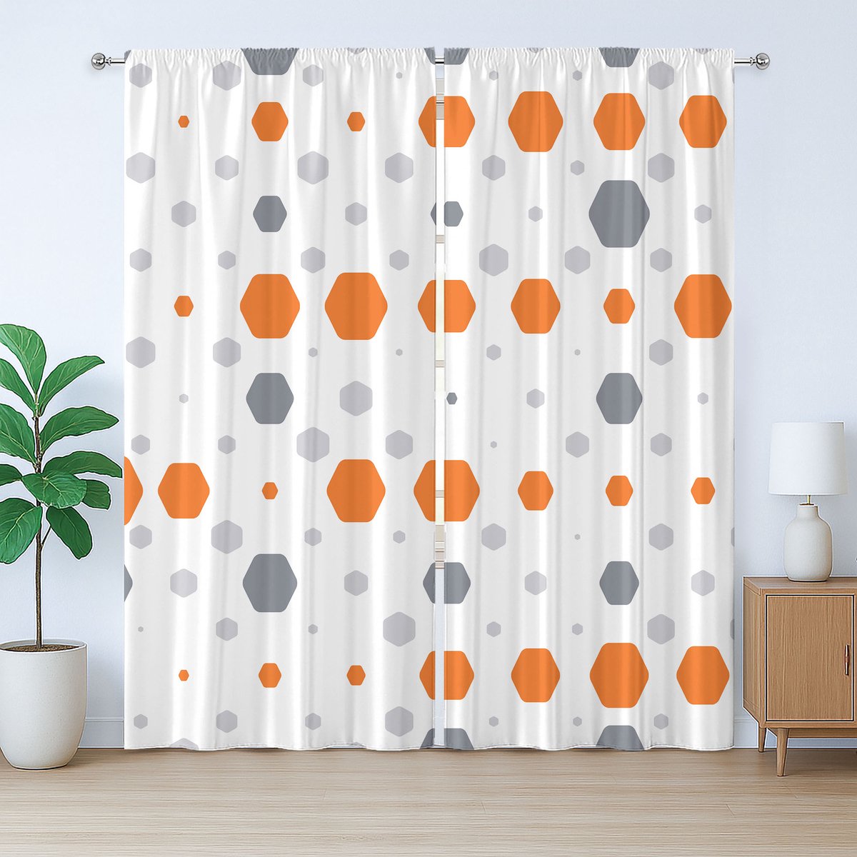 ABAKUHAUS Geometrisch rustiek gordijn, abstract zeshoekig patroon, Gordijn met plooien, lussen en haken, 280 x 245 cm, oranjegrijs lichtgrijs