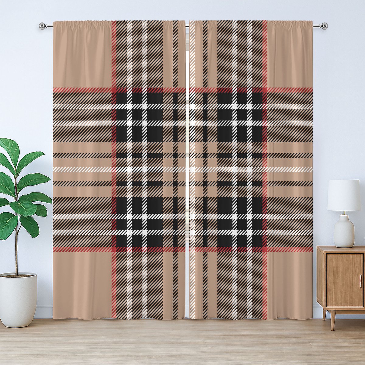 ABAKUHAUS Geruit rustiek gordijn, klassiek Brits ruitpatroon, slaapkamergordijn met plooien, lussen en haken, 280 x 260 cm, lichtbruin oranje wit