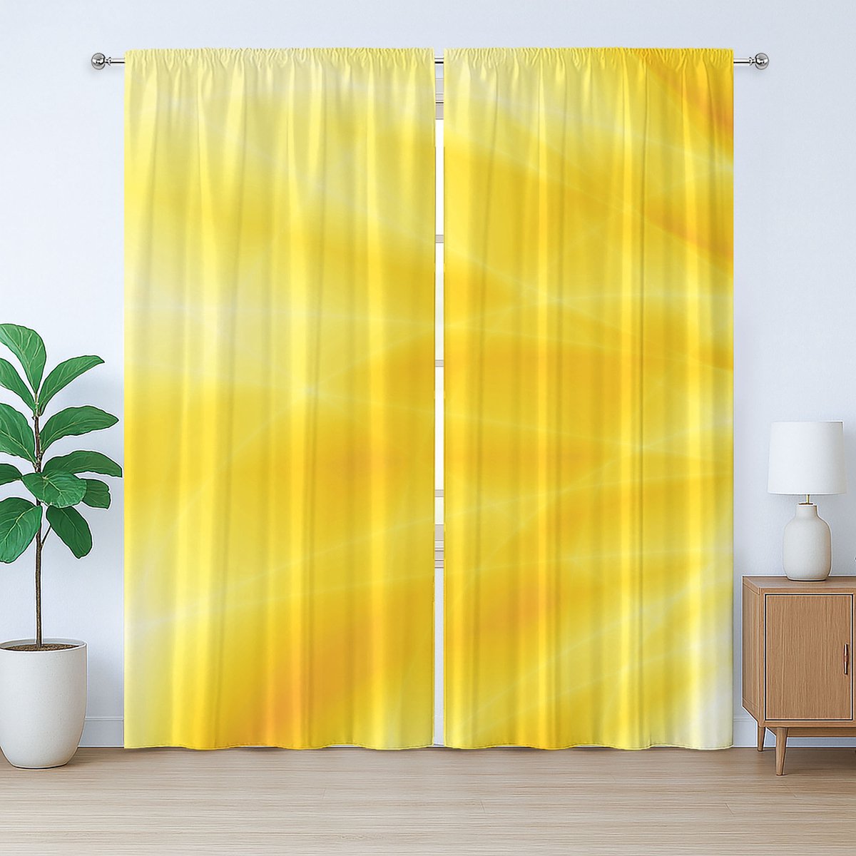 ABAKUHAUS Geel rustiek gordijn, abstracte zomerzon, slaapkamergordijn met plooien, lussen en haken, 280 x 175 cm, geel