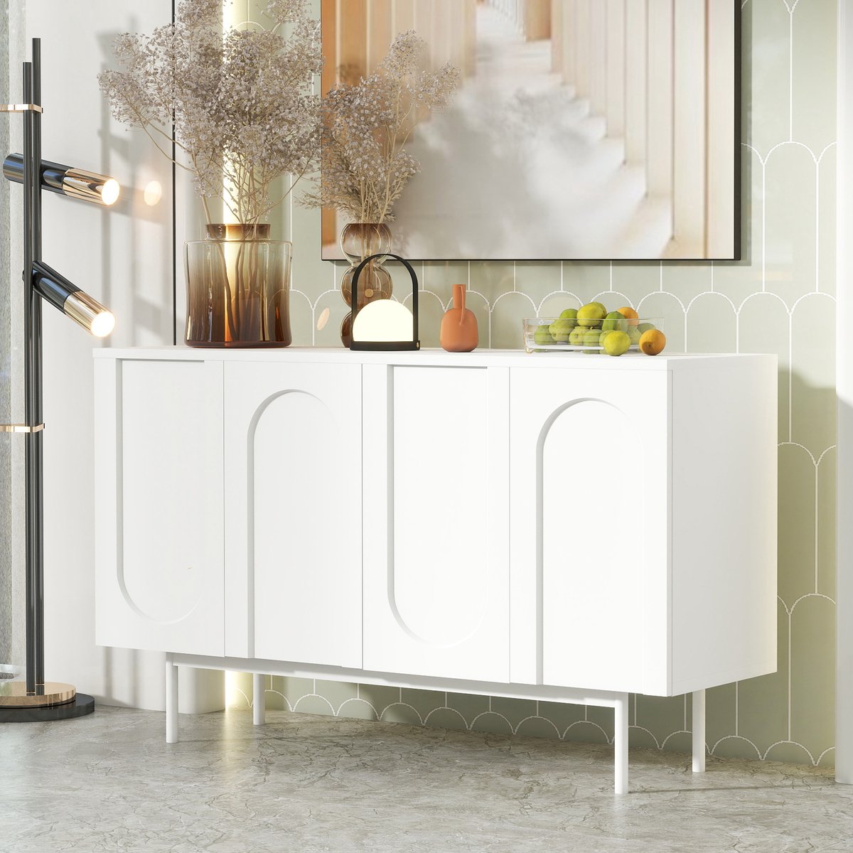 Clruro Dressoir - Volwit 4 Deuren Boogpatroon Minimalistisch - Wit