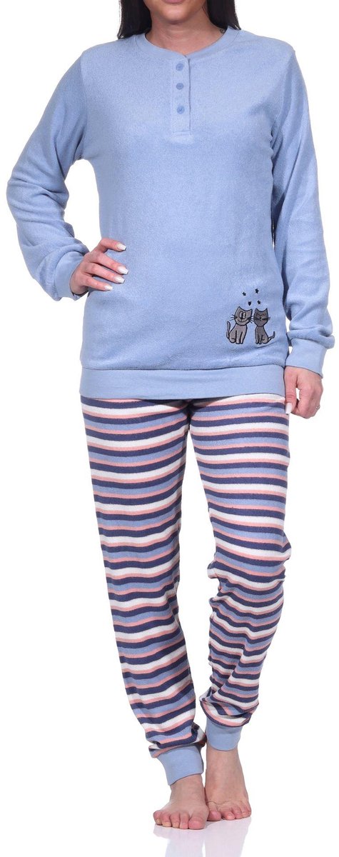 Normann Damespyjama van badstof, pyjama met lange mouwen en schattig kattenmotief hellblau