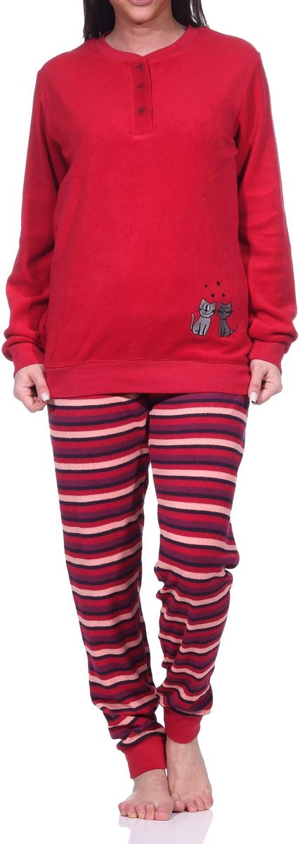 Normann Damespyjama van badstof, pyjama met lange mouwen en schattig kattenmotief rot