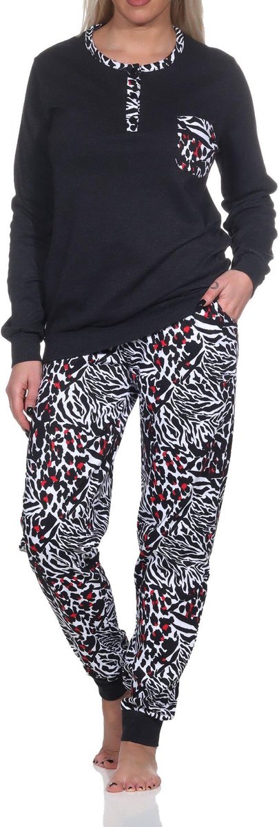 Normann Dames Knuffel Interlock Pyjama Lange Mouw met Manchetten in Dierenprint Optiek schwarz