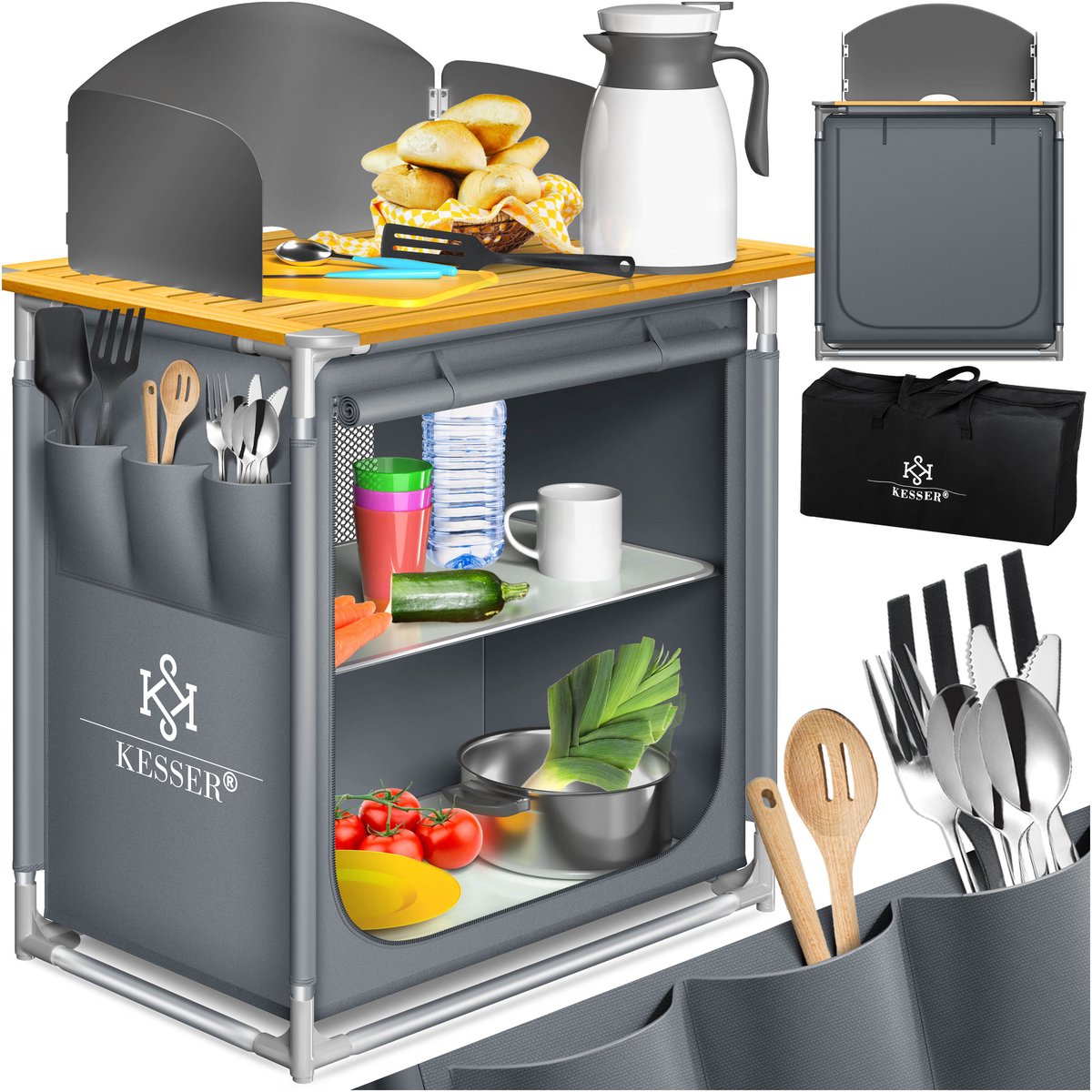 KESSER® Campingkeuken Opvouwbaar - Campingkast inclusief Opbergtas - Kampeerkeuken Kampeerkast Camping Keuken - Grijs / Typ F2