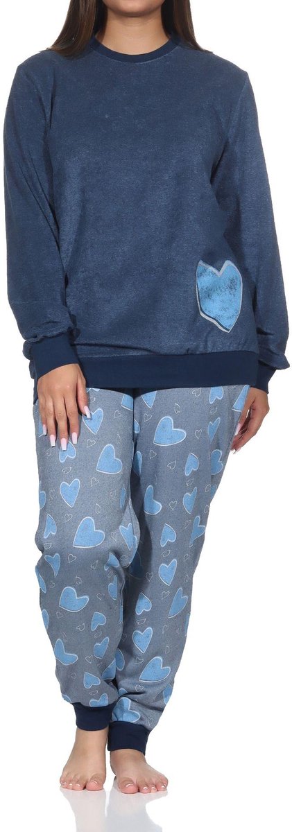 Normann dames badstof pyjama lange mouw met manchetten in hartjeslook - ook in oversize marine
