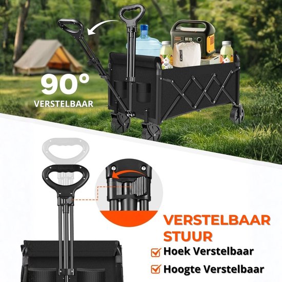 Bolderkar Opvouwbaar met Rem - Premium Comfort & Grote Capaciteit - bolderwagen Lichtgewicht & Inklapbaar - 220 L Inhoud Met Staal Frame Tot 15kg - Inclusief Bekerhouders van Merkloos — afbeelding 3