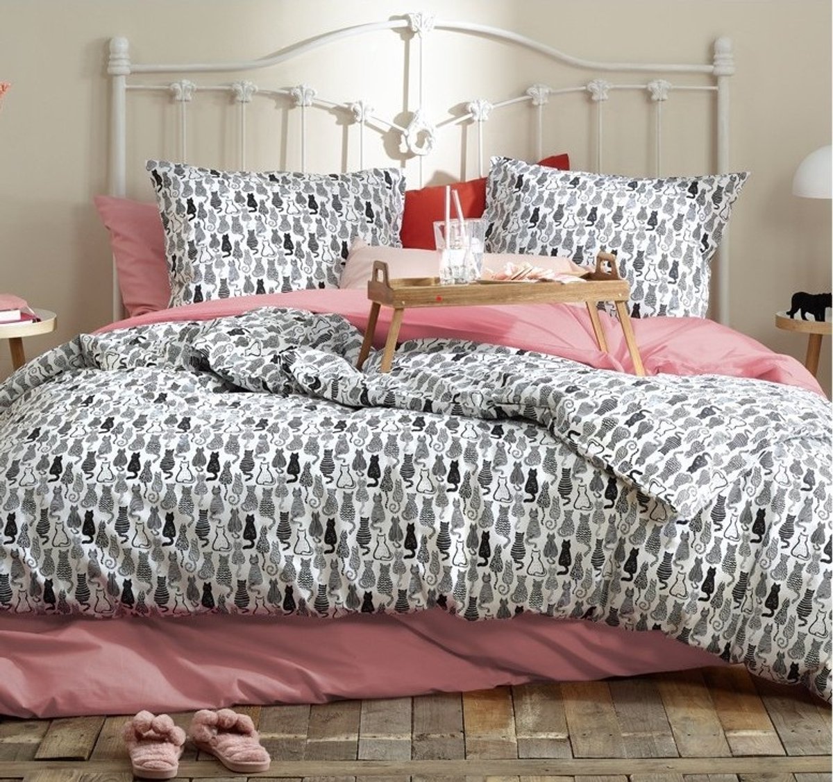 Moodit Dekbedovertrek Odil Chat Chat Noir - 200 x 200/220 + 2x 60 x 70 cm - Wit - Katoen