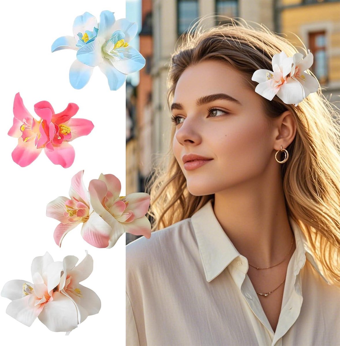 Haarspeld met bloemen en vlinderorchidee, set van 4 stuks voor strand en feestje