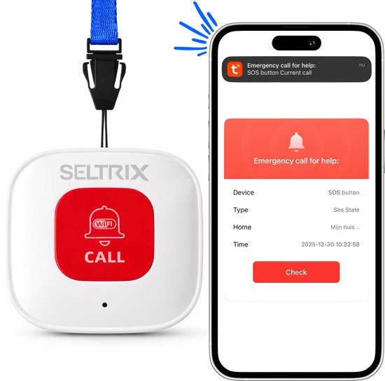 Seltrix® - Wifi Alarmknop voor ouderen - Senioren alarm - Persoonlijk alarm - Paniekknop met app - Noodknop - SOS knop - Nederlandse app - Wereldwijd bereik