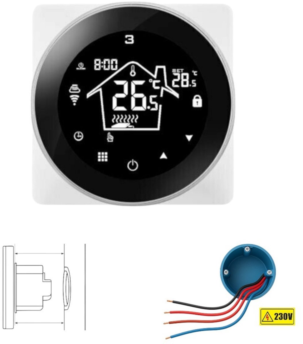 Wifi Inbouw Thermostaat | Touchscreen | Inbouwmontage | Elektrische Vloerverwarming | 16A | Tuya Smart Life | Google Home Alexa | Zwart