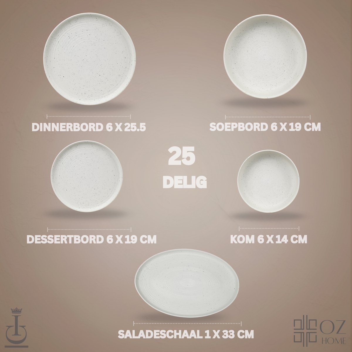 OZ HOME Bricard Vertou Serviesset 25-delig Porselein – 6 Personen – Matwit met Subtiele Spikkels – Stapelbaar – Vaatwasser-, Magnetron- en Ovenbestendig — afbeelding 3