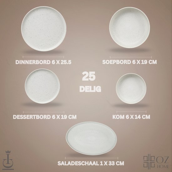 Service de table OZ HOME Bricard Vertou 25 pièces Porcelaine – 6 personnes – Blanc mat avec mouchetures subtiles – Empilable – Résistant au lave-vaisselle, micro-ondes et four