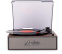 Retro platenspeler met houtlook en zilverkleurige speaker. De doorzichtige kap is open.