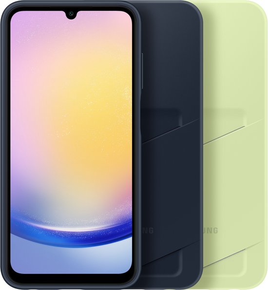 Smartphone met limegroene en marineblauwe kaarthouderhoesjes op de achtergrond.