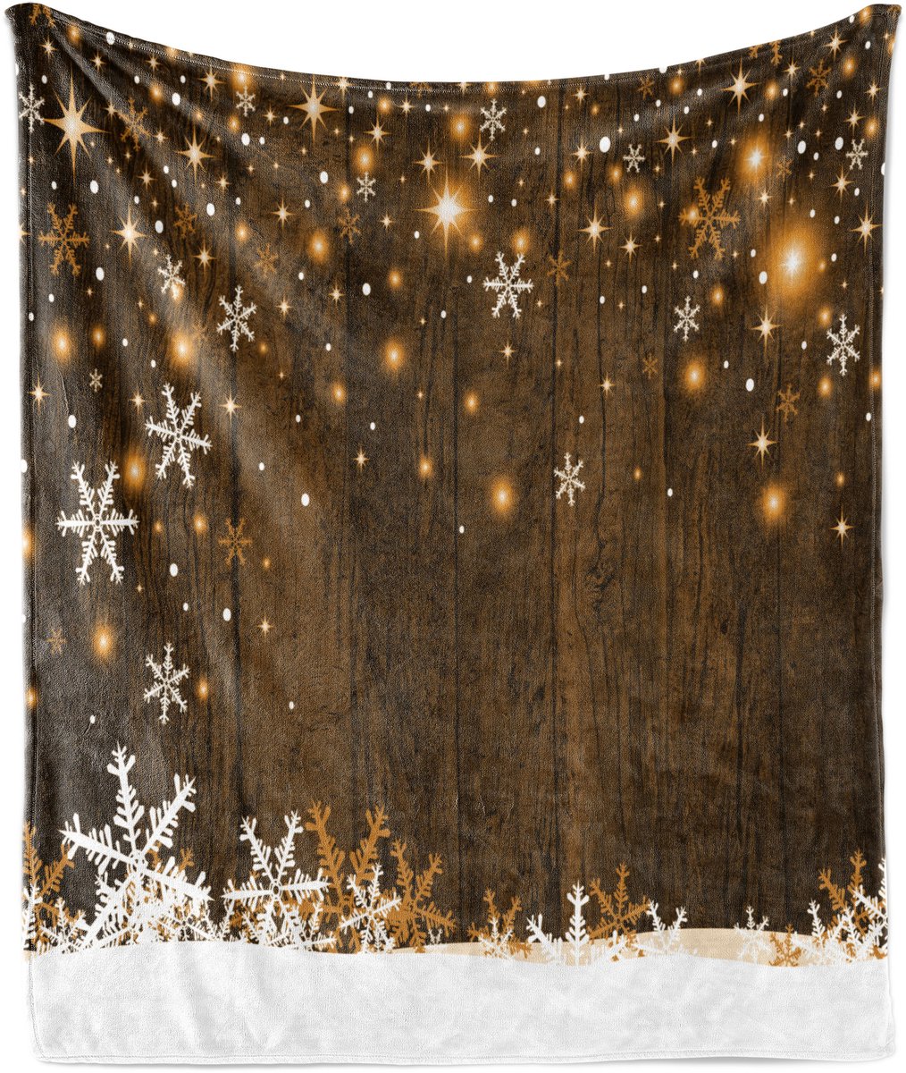 ABAKUHAUS Kerstdeken van zacht flanellen fleece, hout en sneeuwvlokken, knusse pluche plaid, 125 x 175 cm, bruin en wit