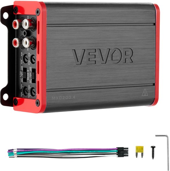 VEVOR 4-kanaals versterker met rode eindkappen en geborsteld aluminium behuizing, met kabels en accessoires.
