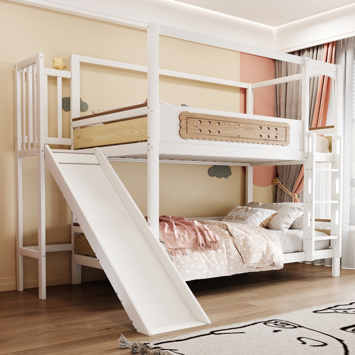 Sweiko Stapelbed - 90 x 200 cm - Kinderbed - Met glijbaan - Wit + Naturel