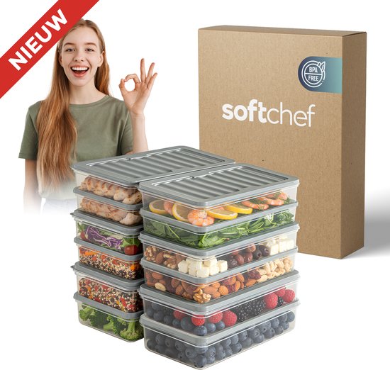 Soft Chef Fresh Box 12 pièces 1200 ml – Boîtes empilables pour congélateur et préparation de repas avec couvercle gris – Sans BPA, résistant au micro-ondes et au lave-vaisselle