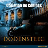 Boekomslag met een man in pak bij een vintage auto voor een monument. Titel: Dodensteeg.