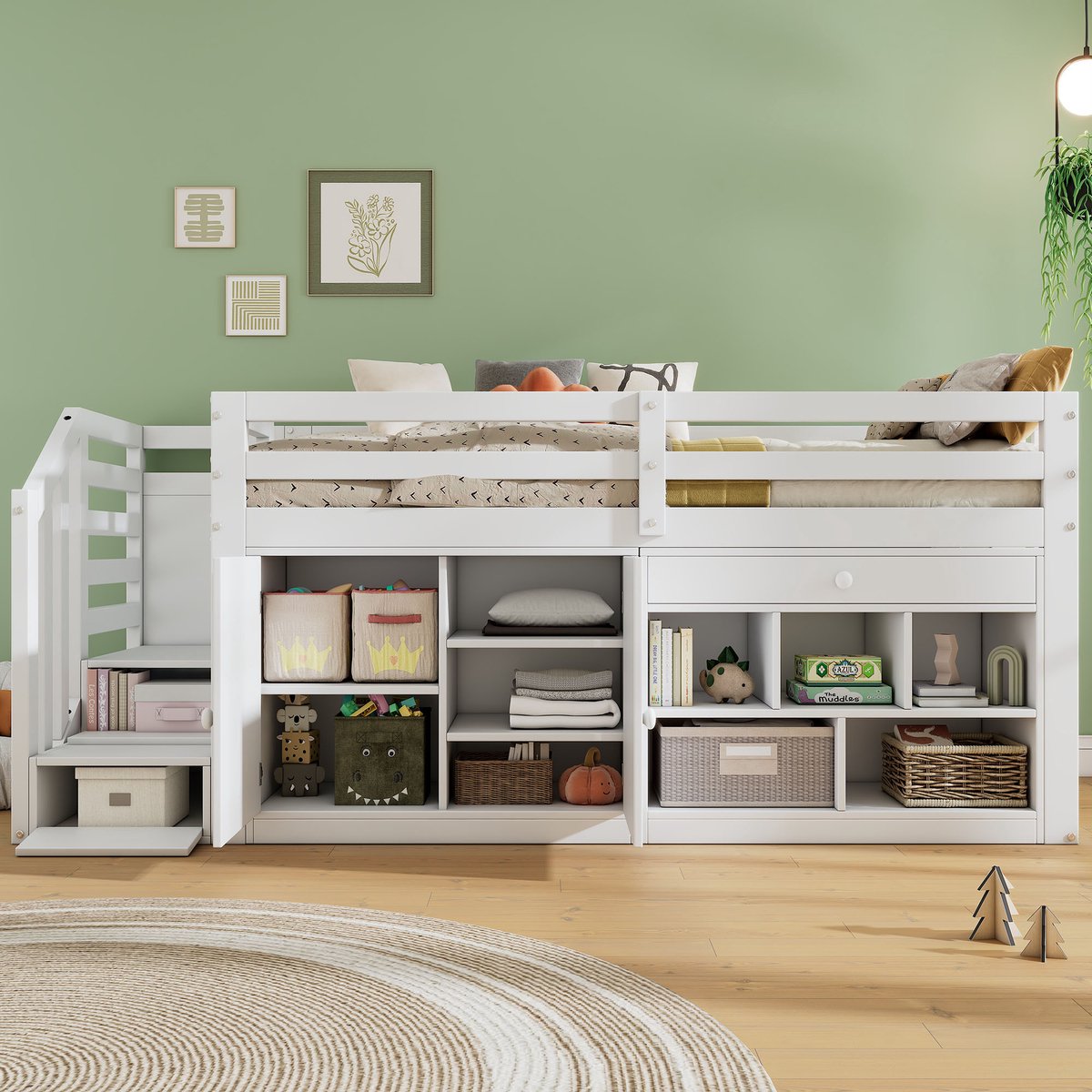 Zubaliya Multifunctioneel houten kinderbed met trap en opbergruimte, omwisselbare trap/kast, uittrekbare lade als bureau, 90x200 cm, wit
