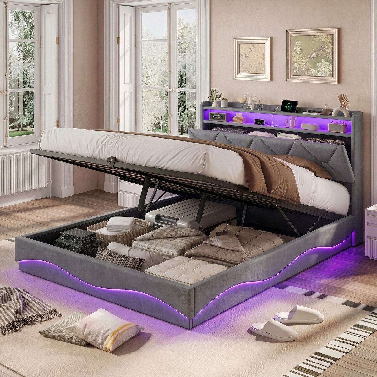 Boxspring Bed 160x200 cm met Opbergruimte, Hoofdeinde met Plank en LED Verlichting, USB-C & USB Oplaadpoorten, Hydraulisch Opklapbaar, Grijs thumbnail 3