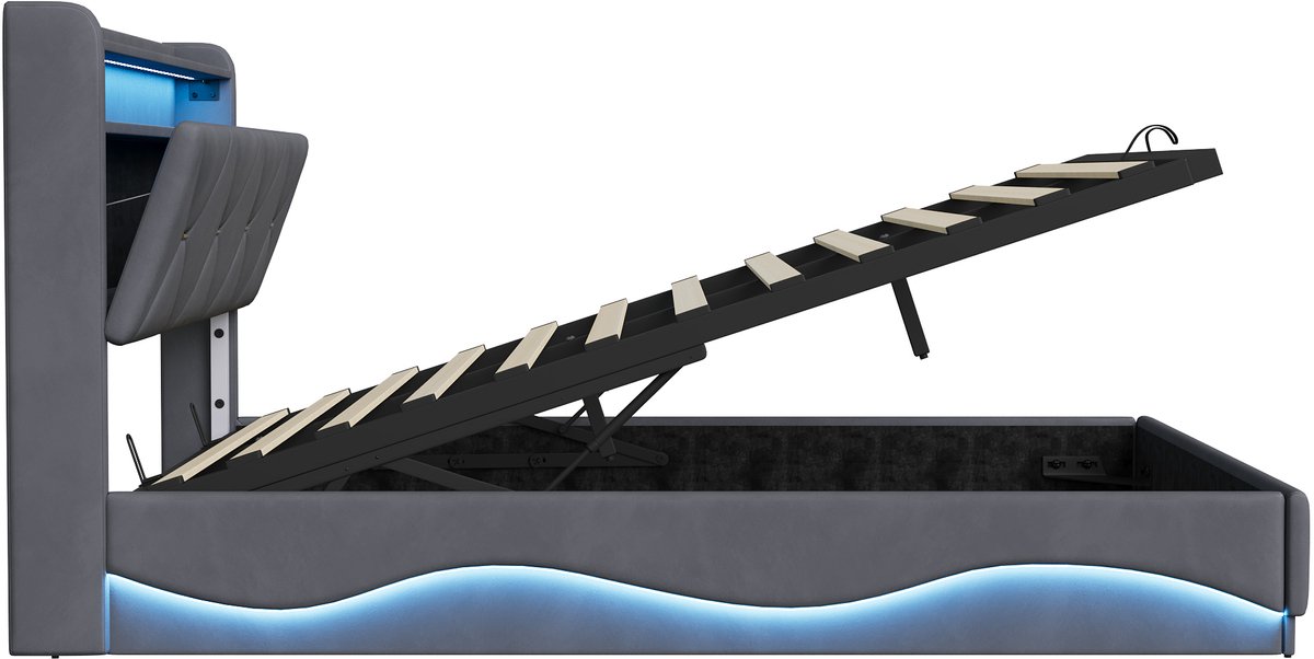Boxspring Bed 160x200 cm met Opbergruimte, Hoofdeinde met Plank en LED Verlichting, USB-C & USB Oplaadpoorten, Hydraulisch Opklapbaar, Grijs thumbnail 7