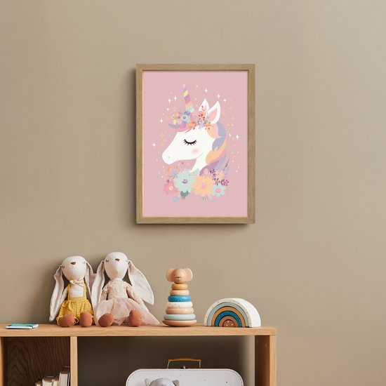 Nachtlampje 30x40 cm - Kinder lamp - Eenhoorn - Roze - Bloemen - Tafellamp kinderkamer draadloos - Slaapkamer lampje - Bedlamp kinderen - Kinderlampje - Wandlamp babykamer - Nachtlampjes van OnlyWow — afbeelding 3