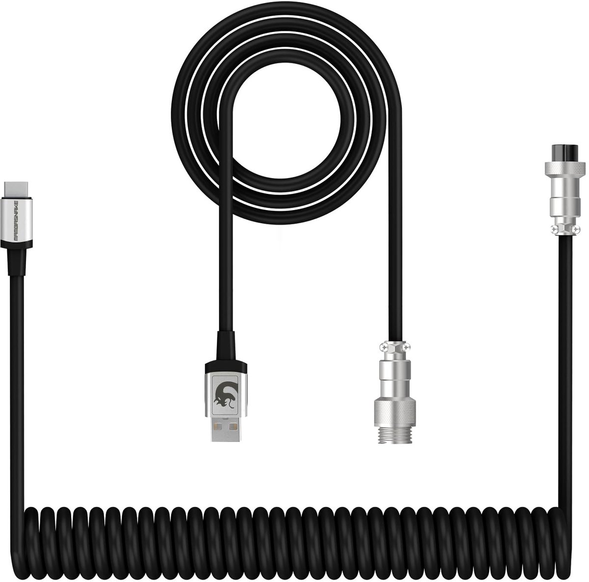 ATTACK SHARK C01 - Coiled Kabel - USB-C naar USB-A - Metalen Aviator Connector - Premium Nylon Gevlochten - Snellaad & Data - Toetsenbord Kabel - Universeel - 1.65m Uitrekbaar tot 2.15m - Zwart