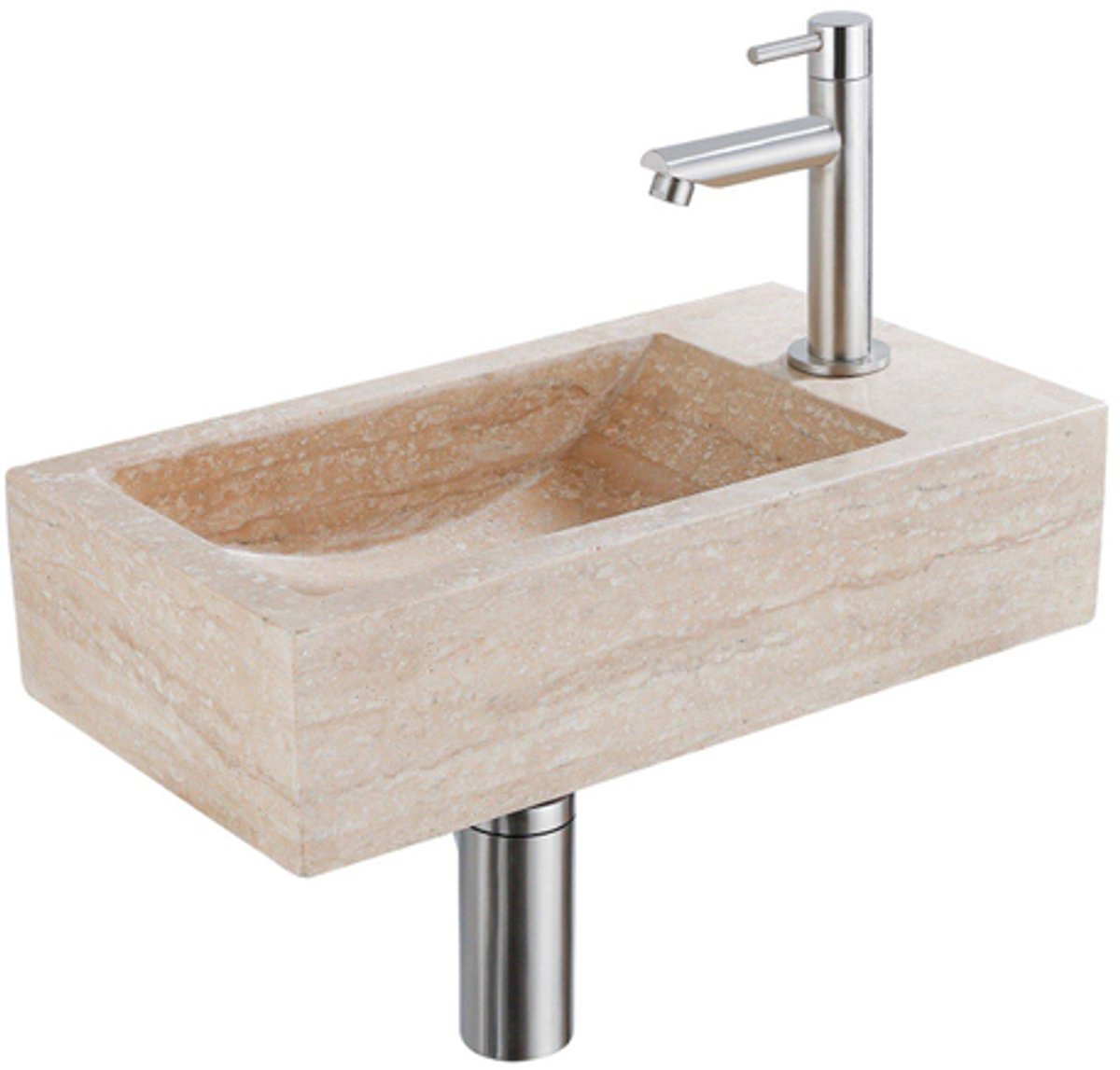 Saniclass Fuente fonteinset – rechthoekig – 40x22x10 cm – travertin beige – kraan geborsteld RVS