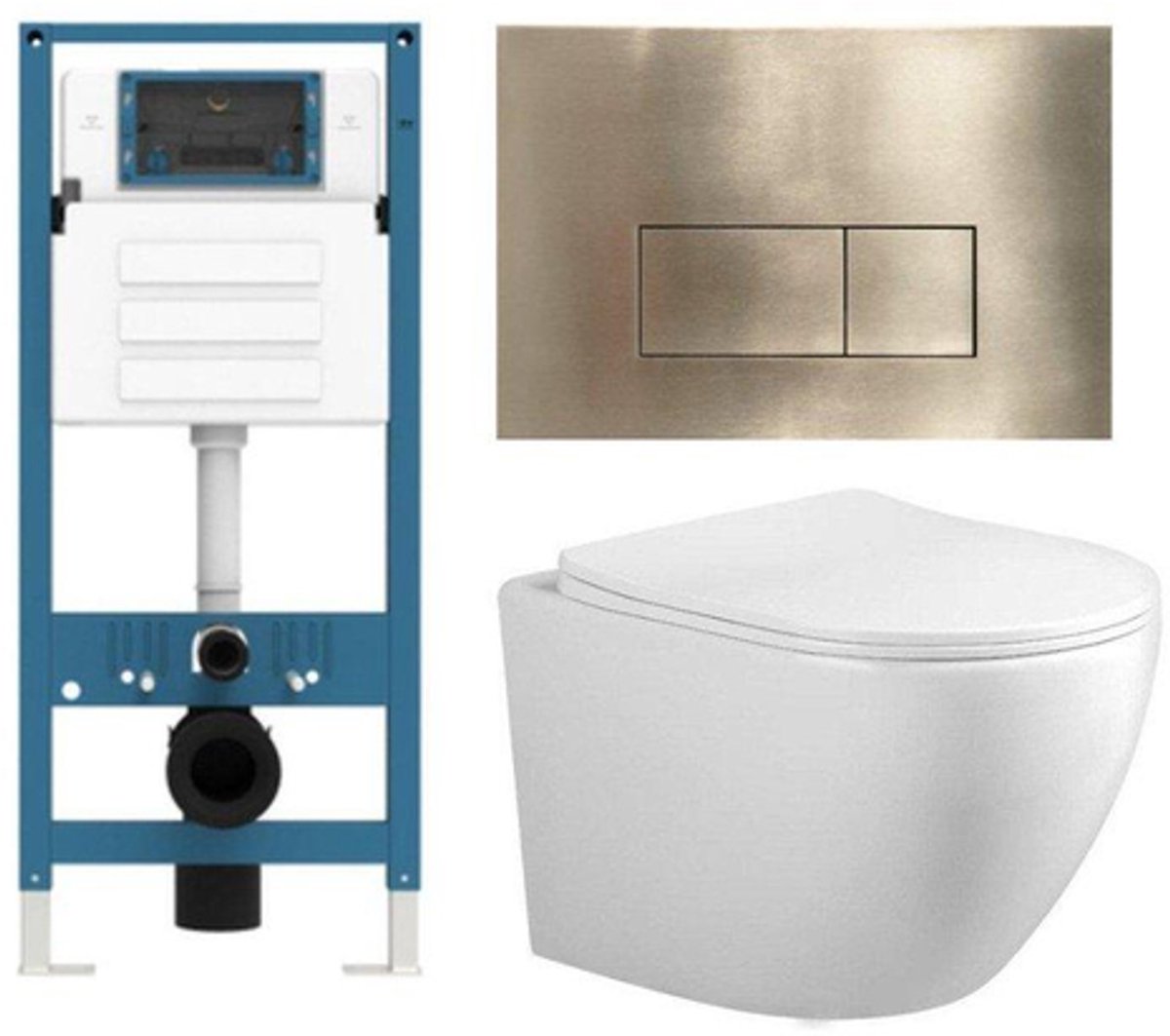 FugaFlow Eccelente Press Toiletset - 48.5x36x32cm - diepspoel - spoelrandloos - inbouwreservoir - softclose - quickrelease - toiletzitting - goud geborsteld metalen bedieningsplaat - rechthoekige knoppen - wit